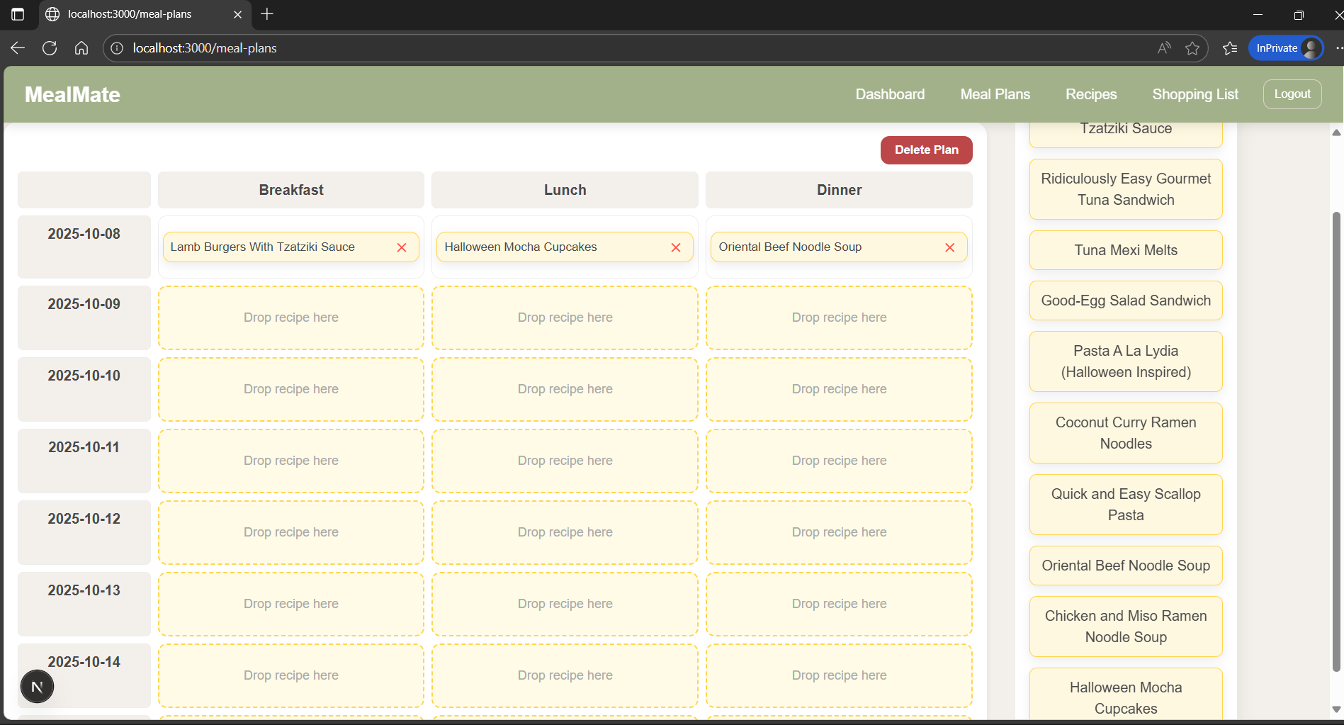 MealMate drag-n-drop meal plan