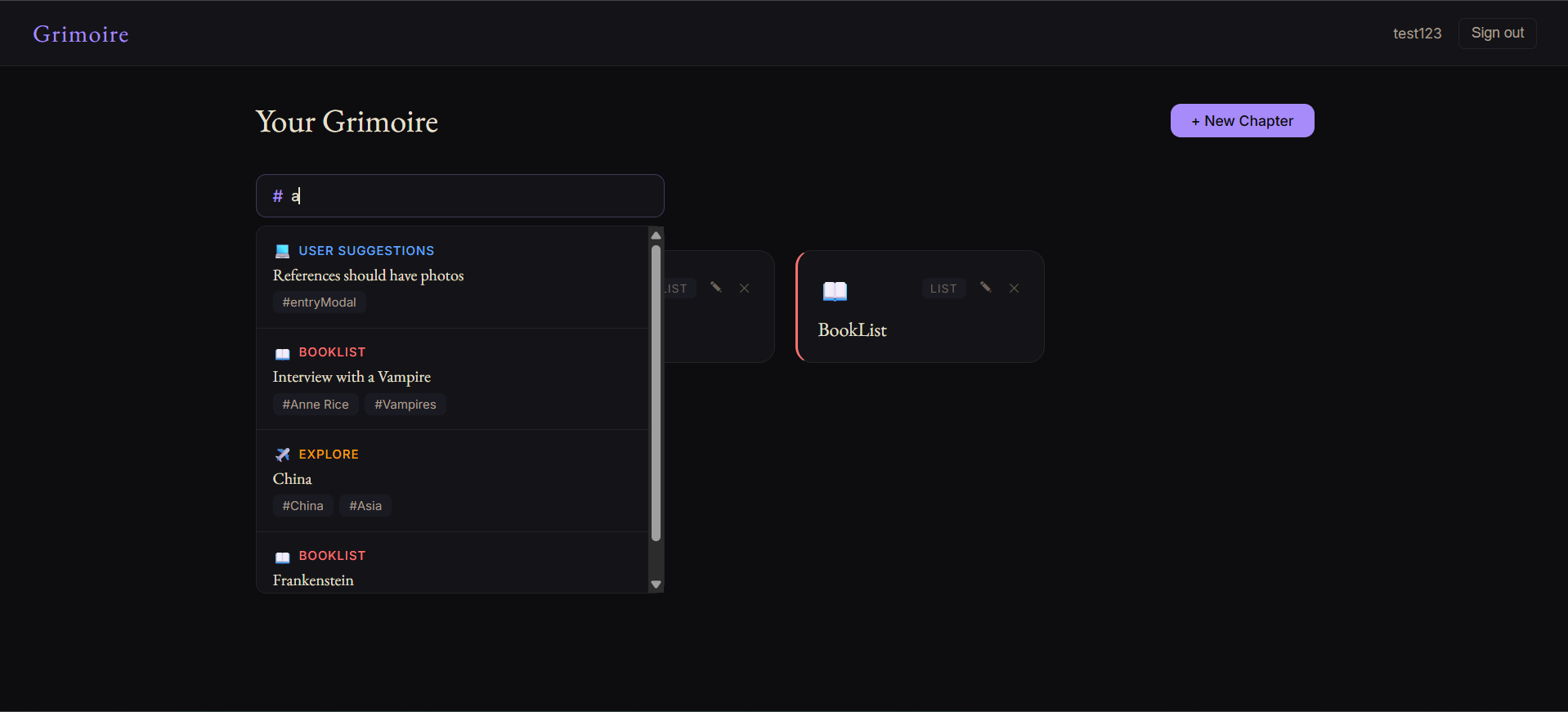 Grimoire dashboard with search
